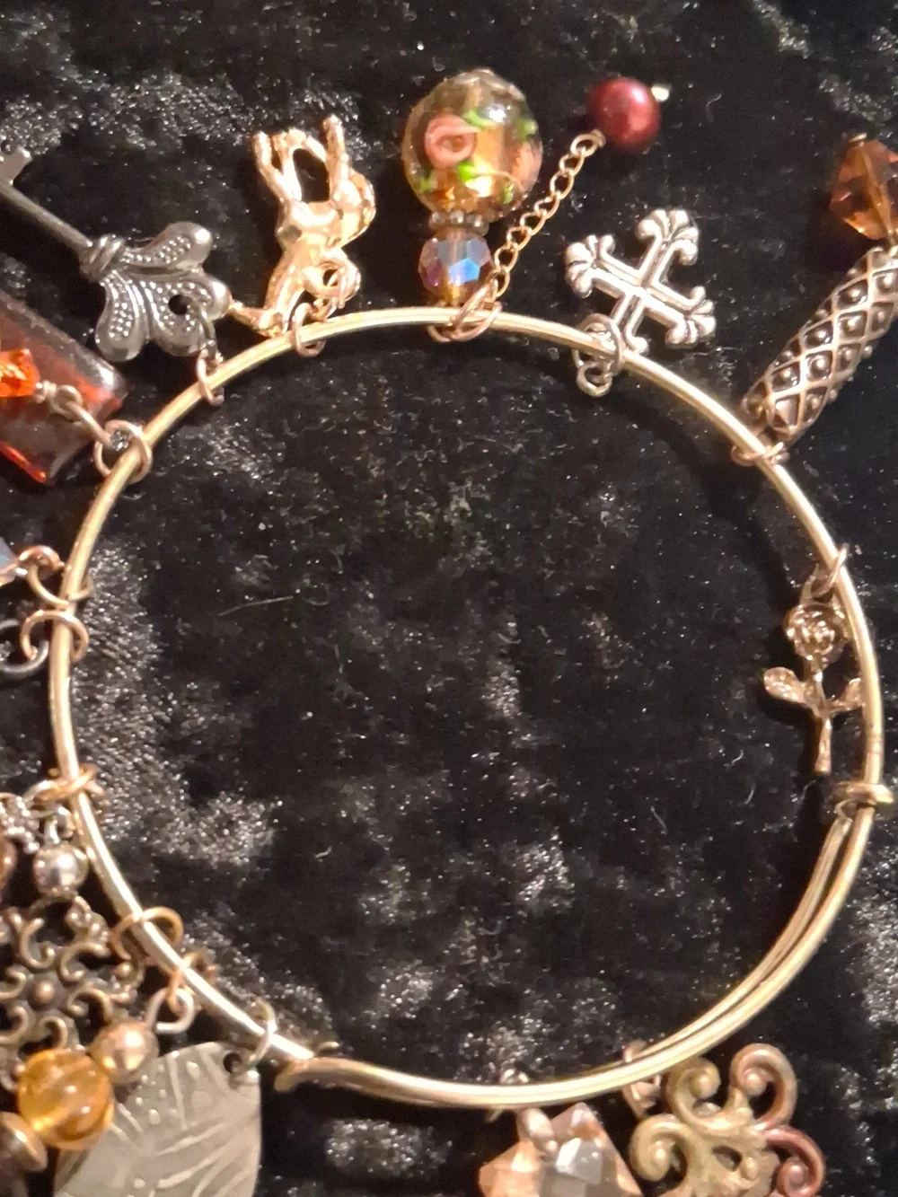 Gold-Tone Boho Charm Bangle Bracelet in Amber and Brown Expandable